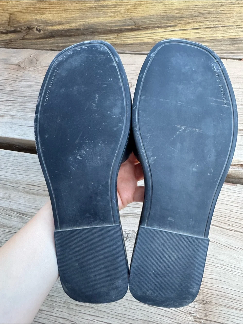 Tory Burch Black Slides with Gold Logo Stitching